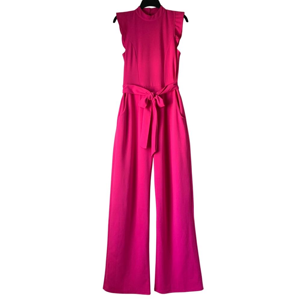 Max Studio Mock Neck Wide Leg Jumpsuit Belted Ruffle Sleeve Magenta Pink Size M